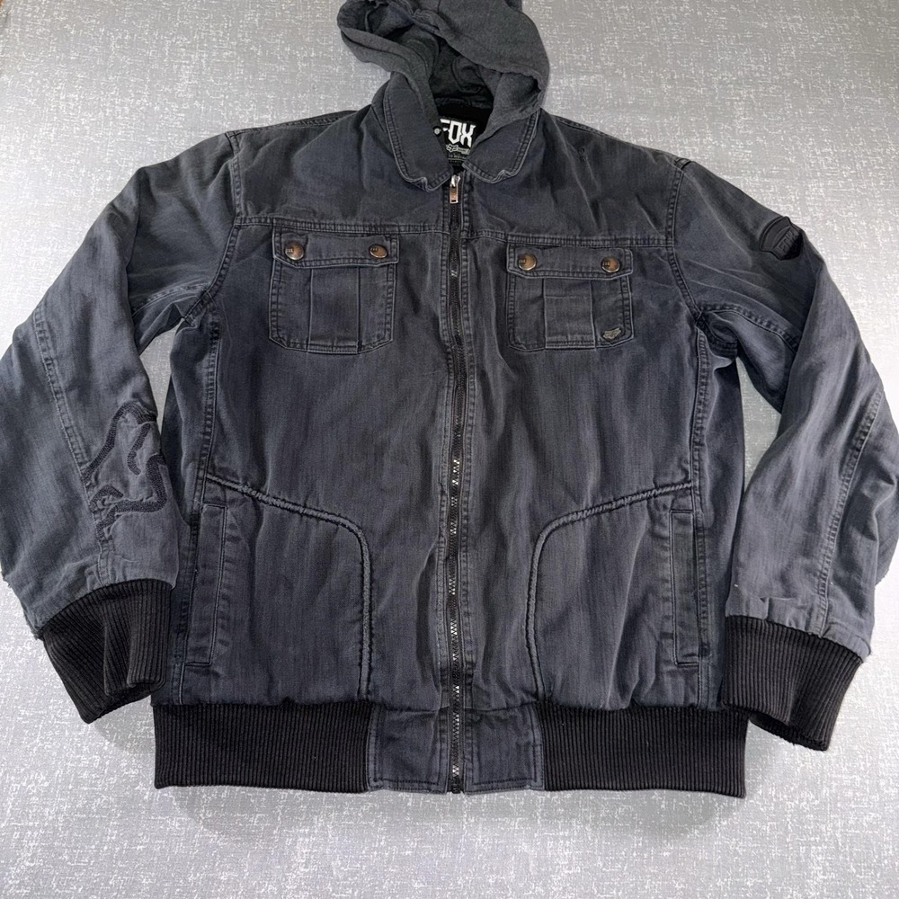 Fox Racing Jacket Mens XL Gray Denim Hooded Bomber Insulated Motorcycle Lined